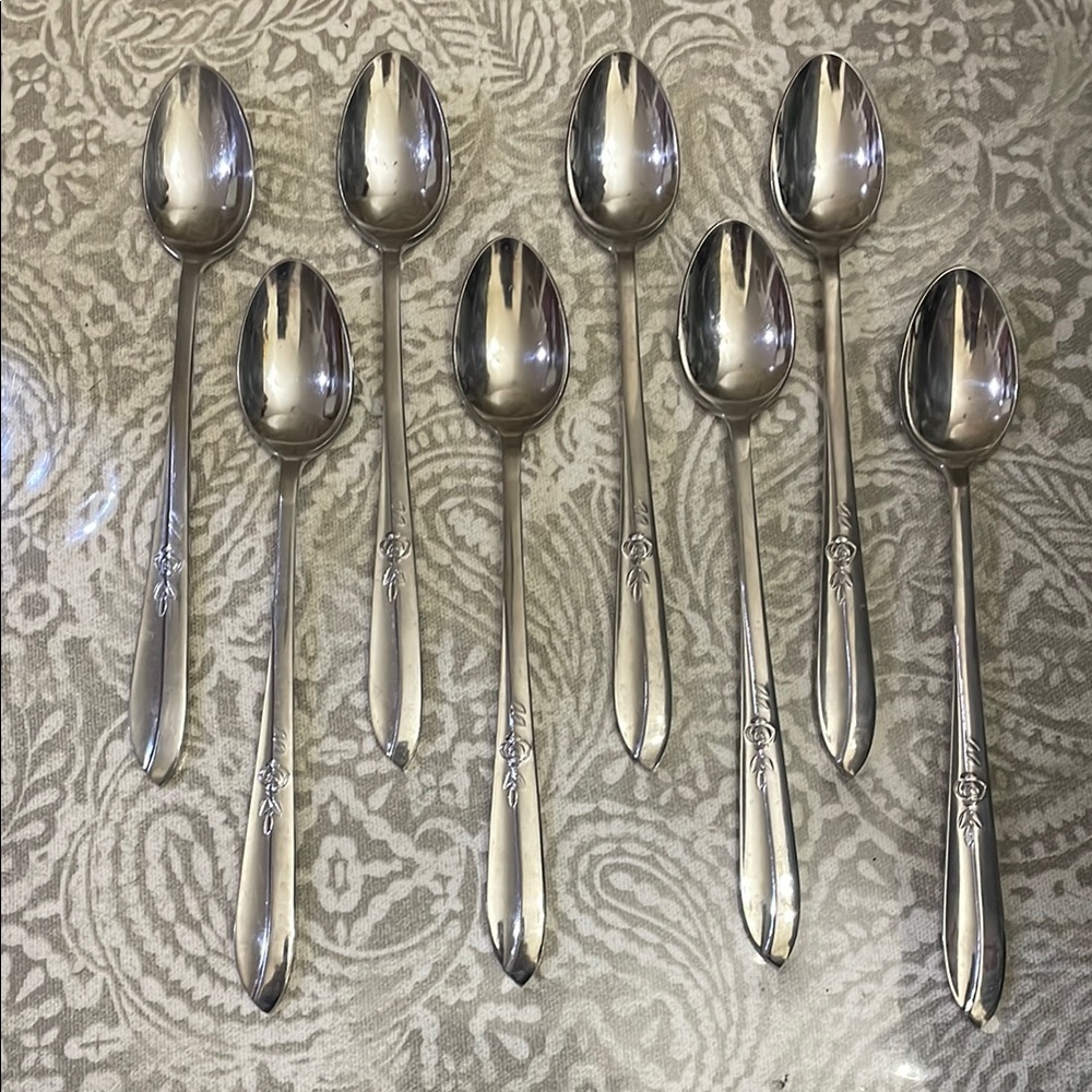 VINTAGE CARLYLE NSCO stainless Japan Iced‎ Tea Spoons set 8  Rose pattern